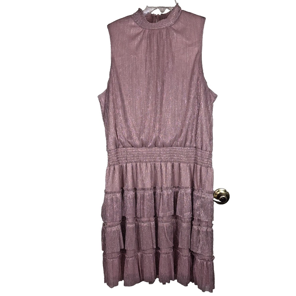 MSK Women's Mauve Pink Metallic Ruffle Dress – High Neck, Size 3X Silver Accents